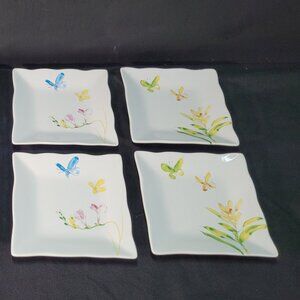 Set of 4 Fifth 222 Square Appetizer Plates Butterfly Flight 5.5" Porcelain